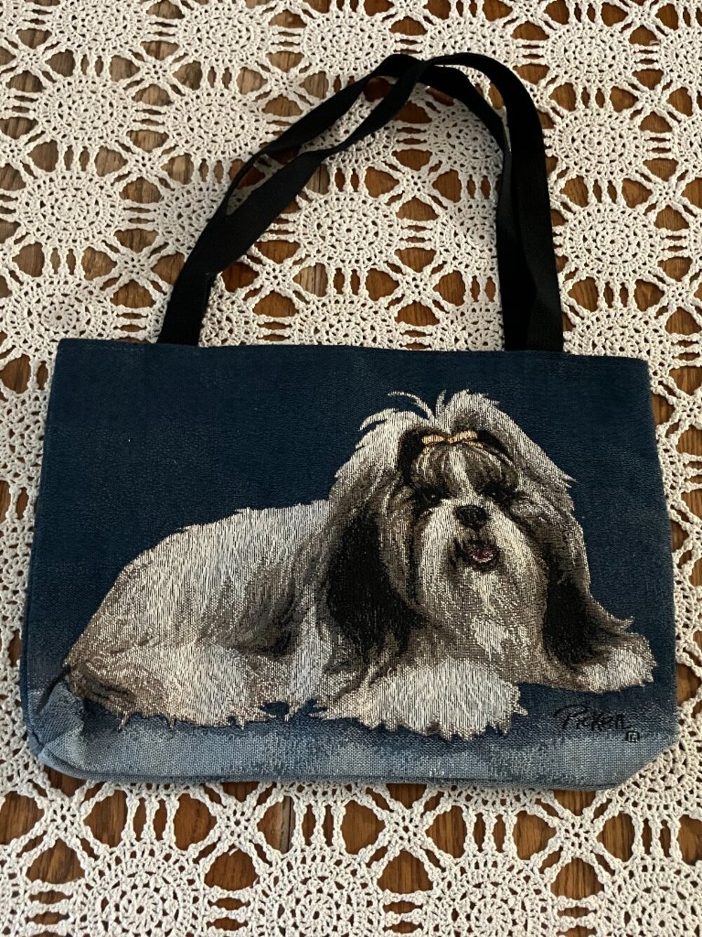 Vintage Picken Jacquard Cotton Woven Tapestry Shih Tzu Shoulder Bag Purse Tote